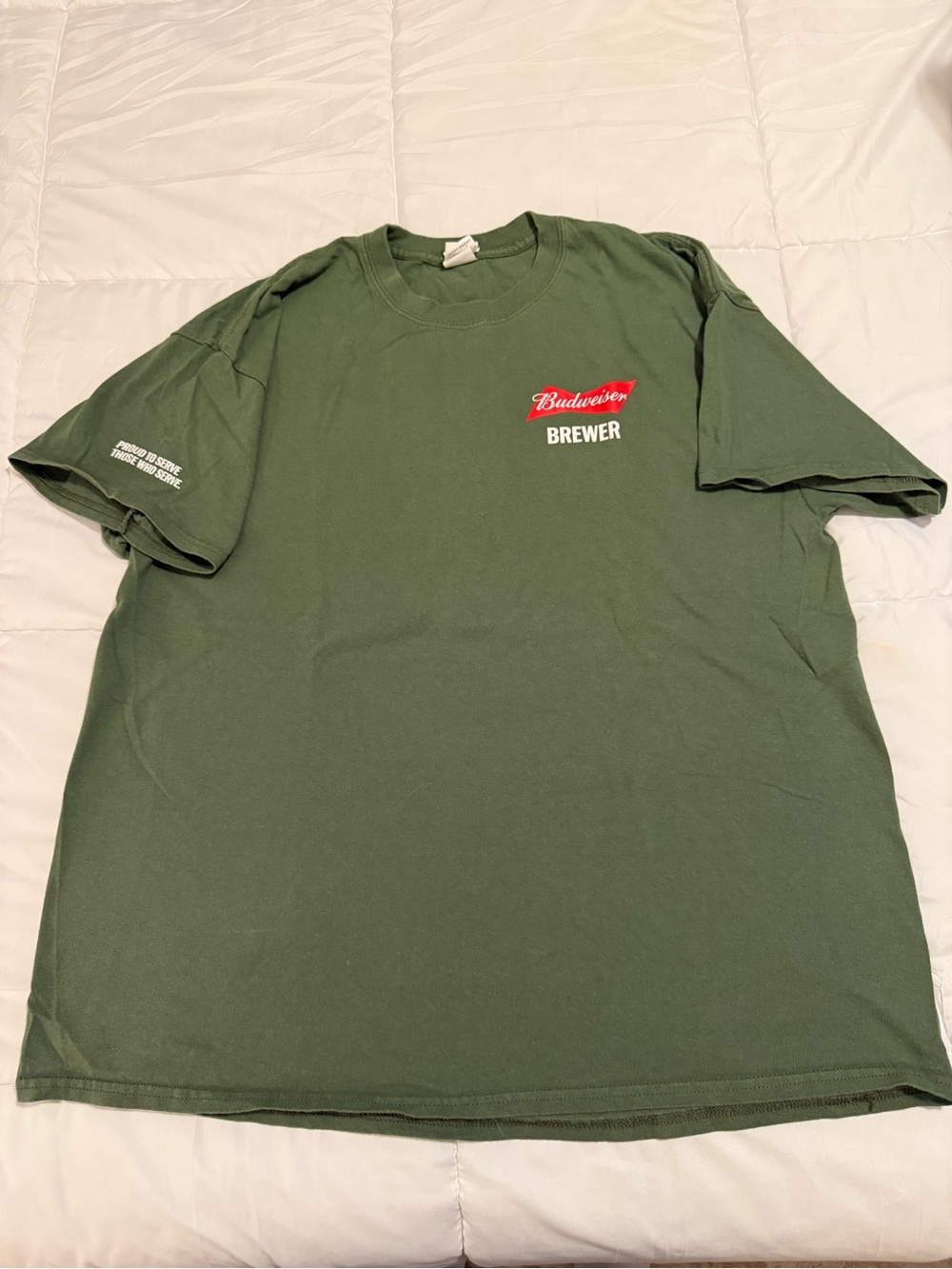 Budweiser Olive Green Brewer Graphic Tee with Red Logo and Veteran logo